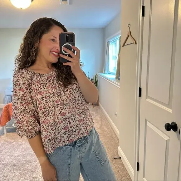 NWT Natalie Martin White Pink Floral Short Sleeve Blouse Top XS Oversized